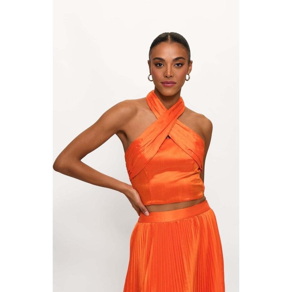 Hutch Womens Suri Orange Satin Crossover Halter Top Smocked Back Size Large NWT
